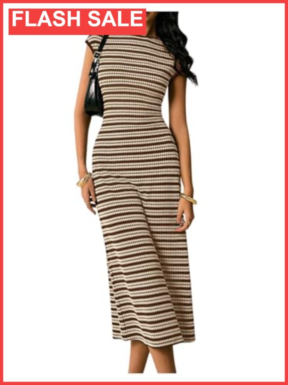 Women's Striped Midi Bodycon Knit Dress Cap Sleeve Casual Work